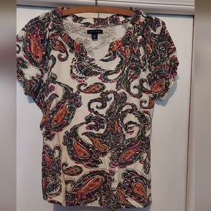 Like New Tommy Hilfiger Green, Red and Black Ruched Short Sleeve Blouse